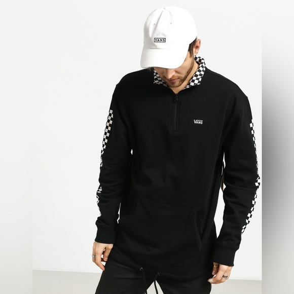 Vans Men's Versa Quarter Zip Pullover Sweatshirt Black White Checker - Picture 1 of 16